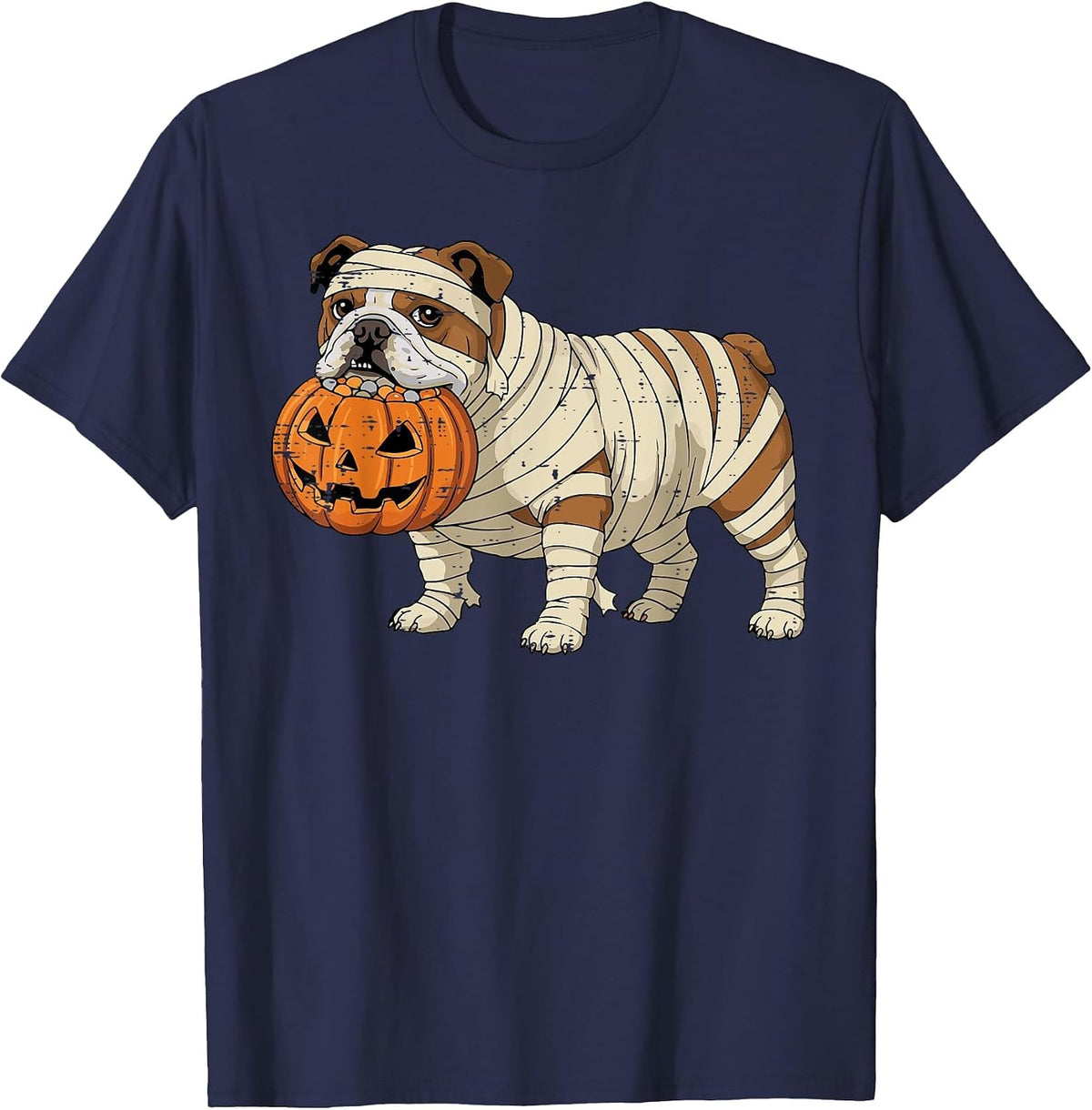 Halloween Dog English Bulldog Mummy Costume Men Women Kids T-Shirt - Navy Blue