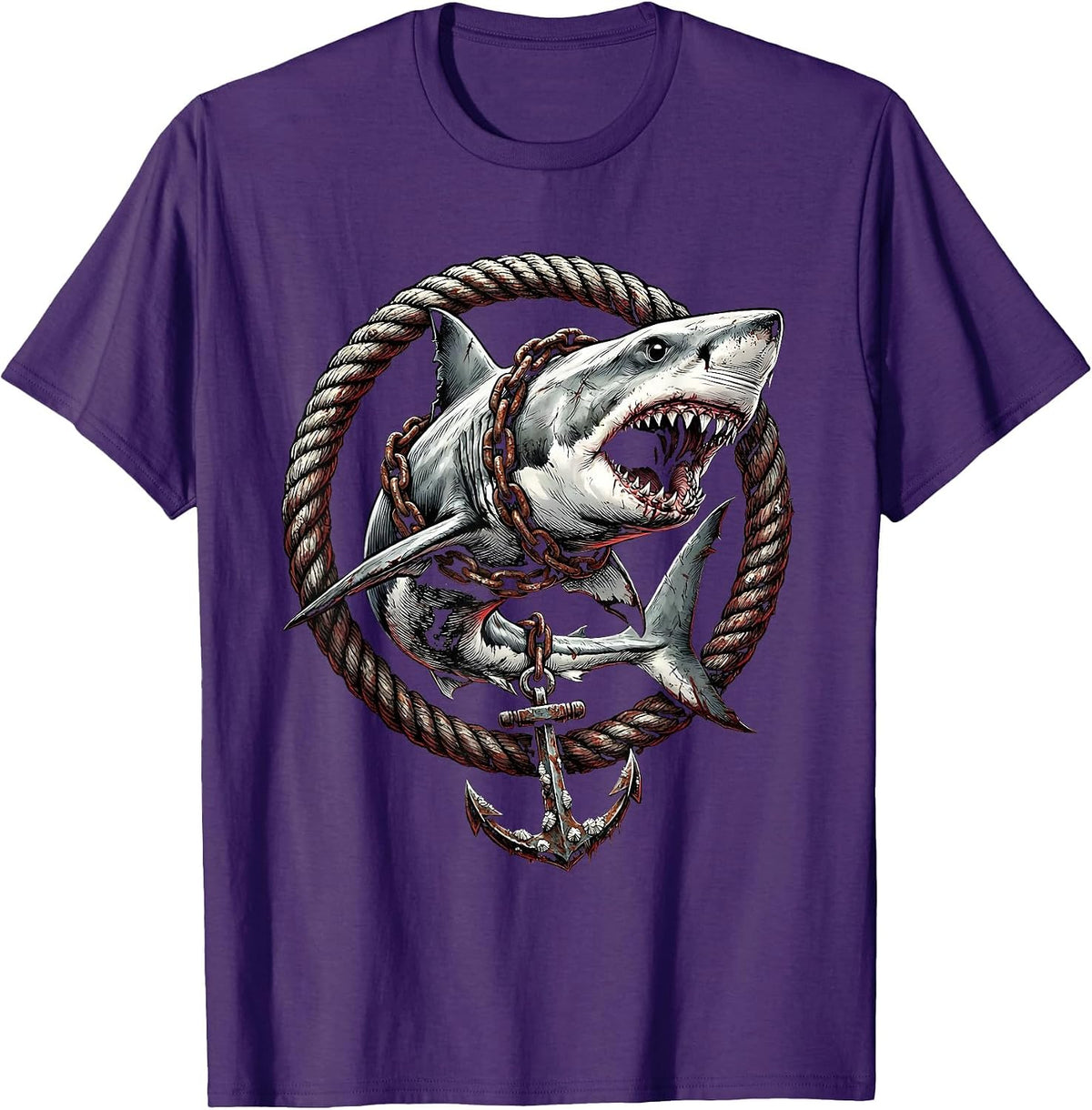 Men's Shark With Anchor Chain Wrapped Around Body T-Shirt - Purple