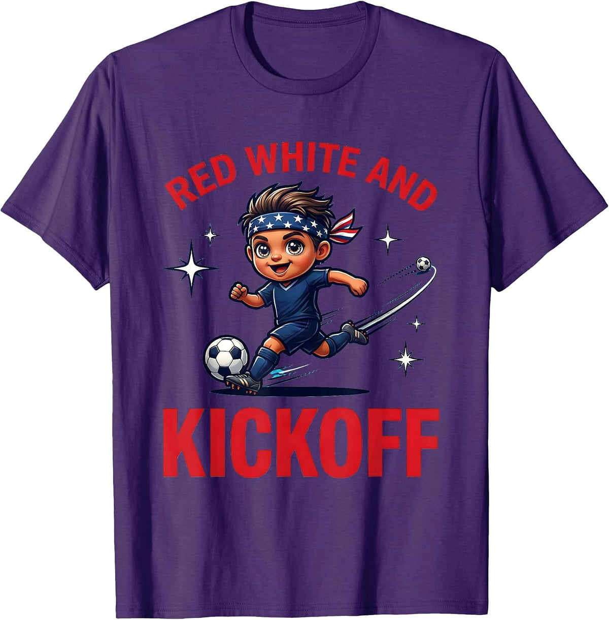 Men's RED WHITE AND KICKOFF Cartoon Soccer Player Labor Day T-Shirt - Purple