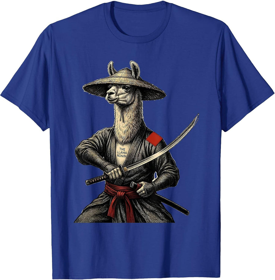 The Llama Ronin Funny Japanese Art Anime Animal Humor T-Shirt - Royal Blue
