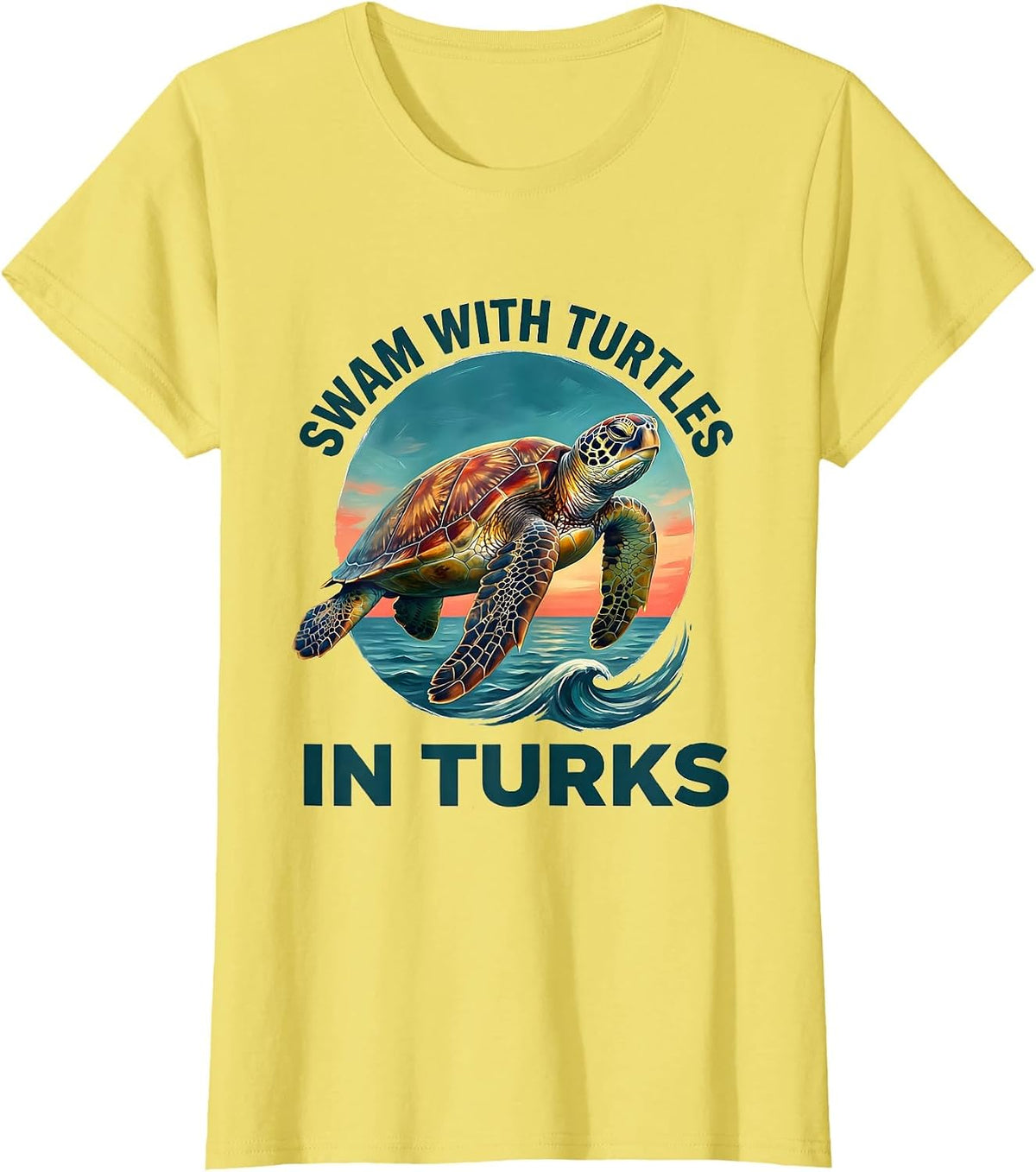 Swam With Turtles In Turks Vacation Souvenir Sea Turtle T-Shirt - Lemon Yellow