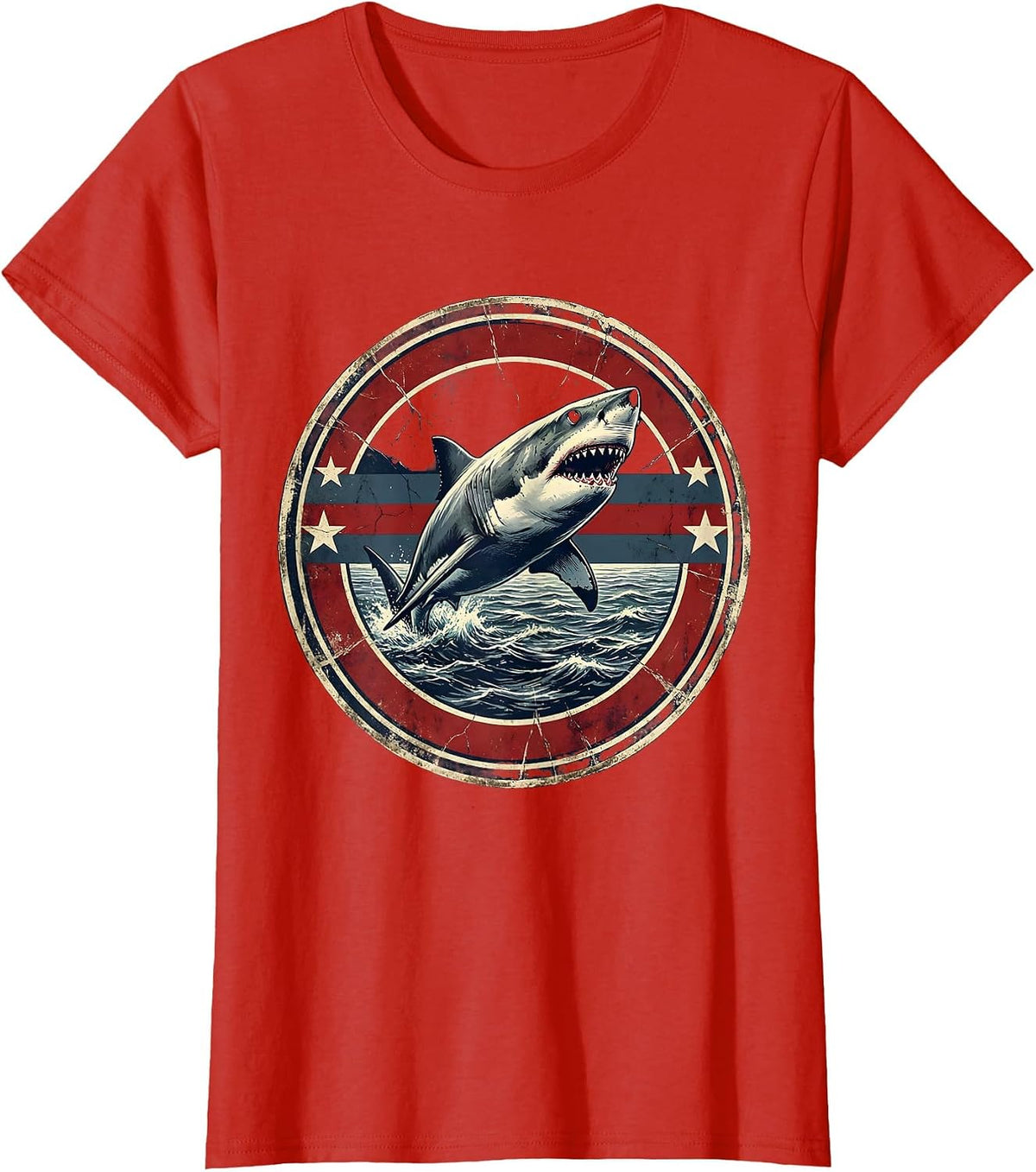 Great White Shark Breaching Ocean USA Design T-Shirt - Red