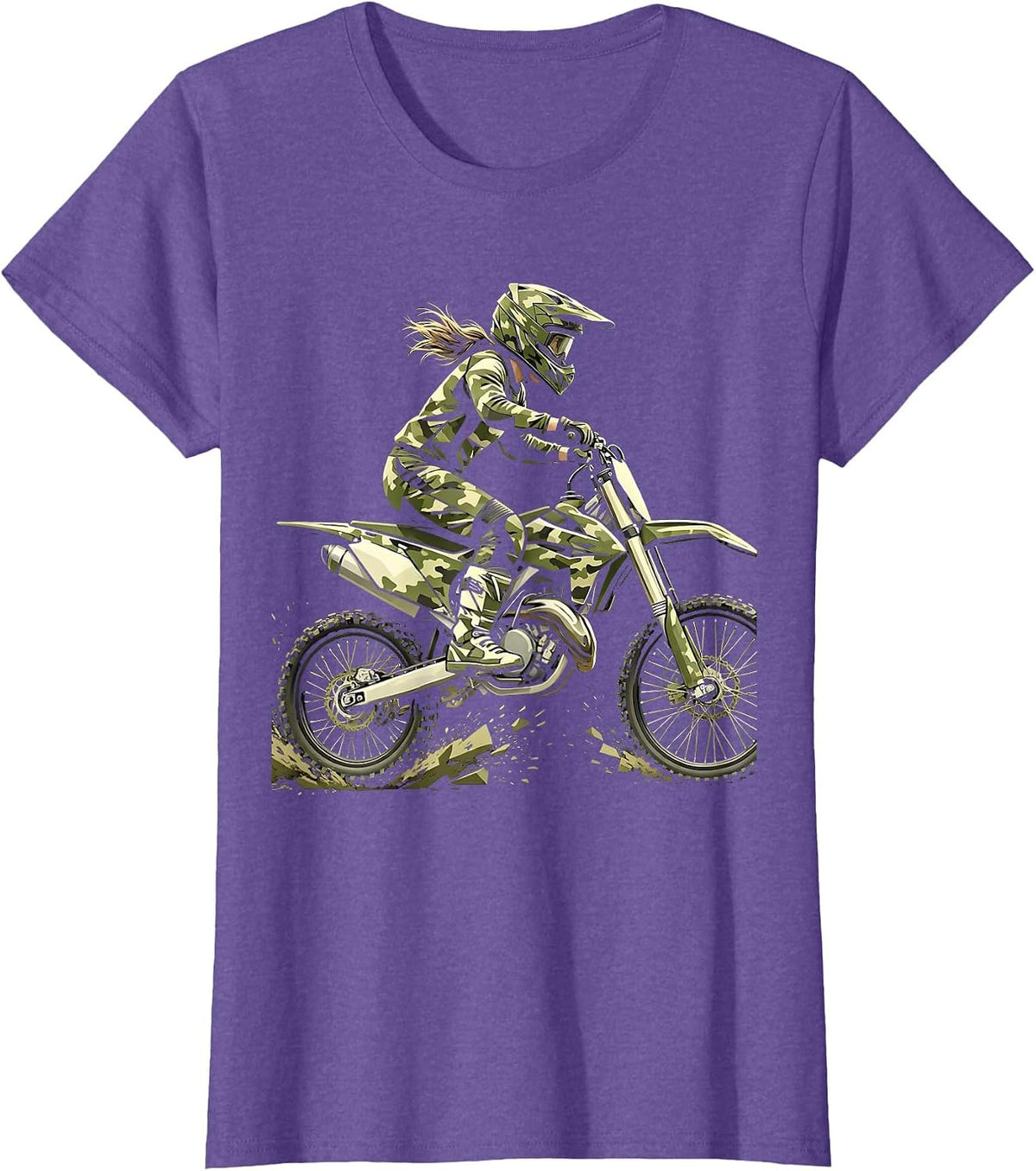 Girls Camo Dirt Bike Rider Graphic Tee T-Shirt - Purple Heather