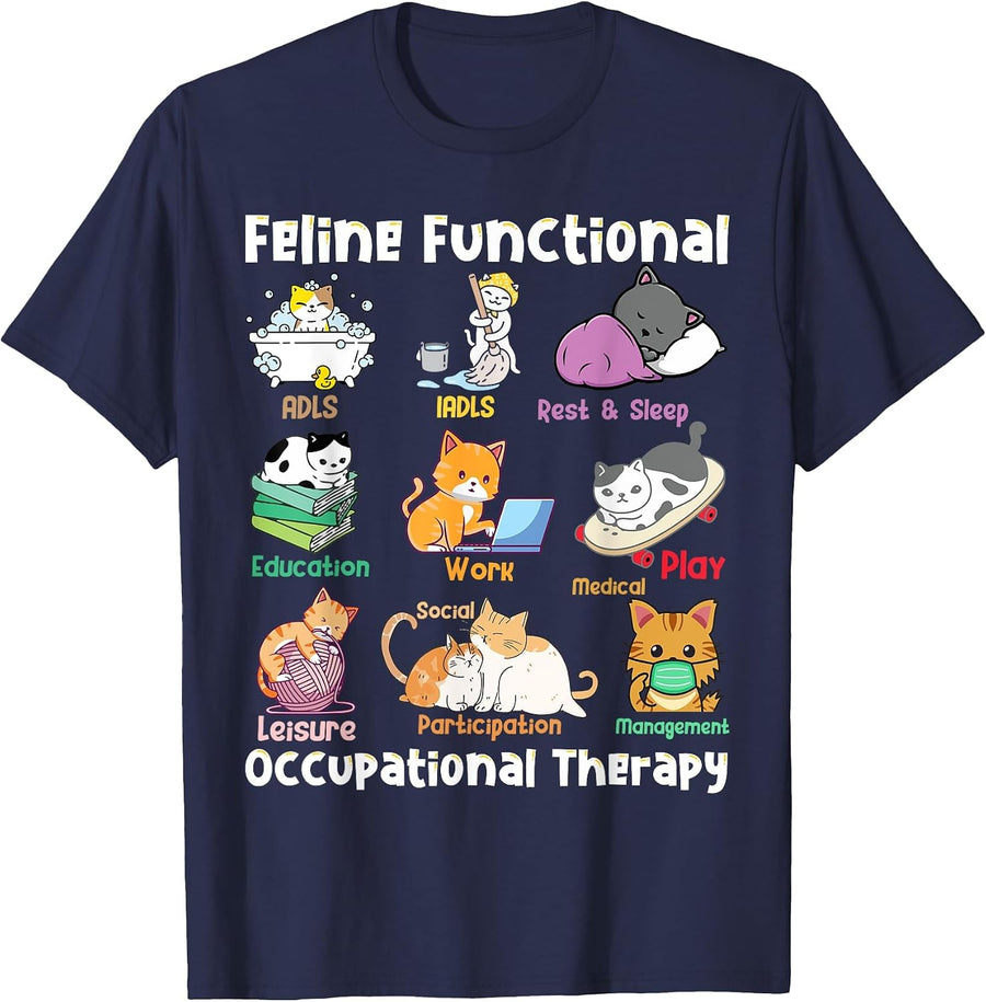 Cat Functional Occupational Therapy OT Therapist Animal Love T-Shirt - Navy Blue