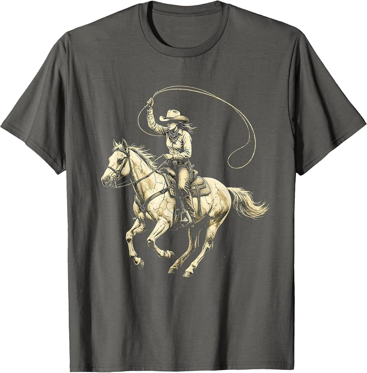 Cowgirl Lasso Horseback Western Riding Graphic T-Shirt - Asphalt Grey