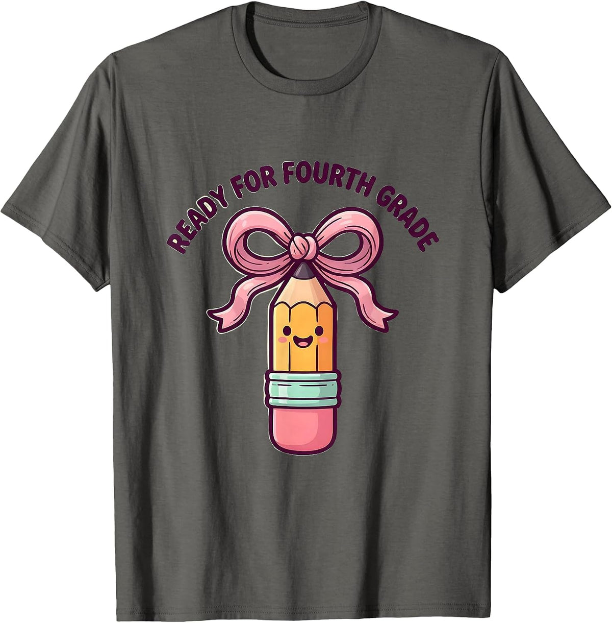 Ready For Fourth Grade Cute Kawaii Pencil Bow Back To School T-Shirt - Asphalt Grey
