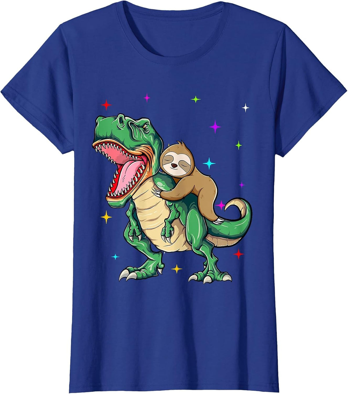 Funny Sloth Riding a T-Rex Dinosaur T-Shirt - Royal Blue