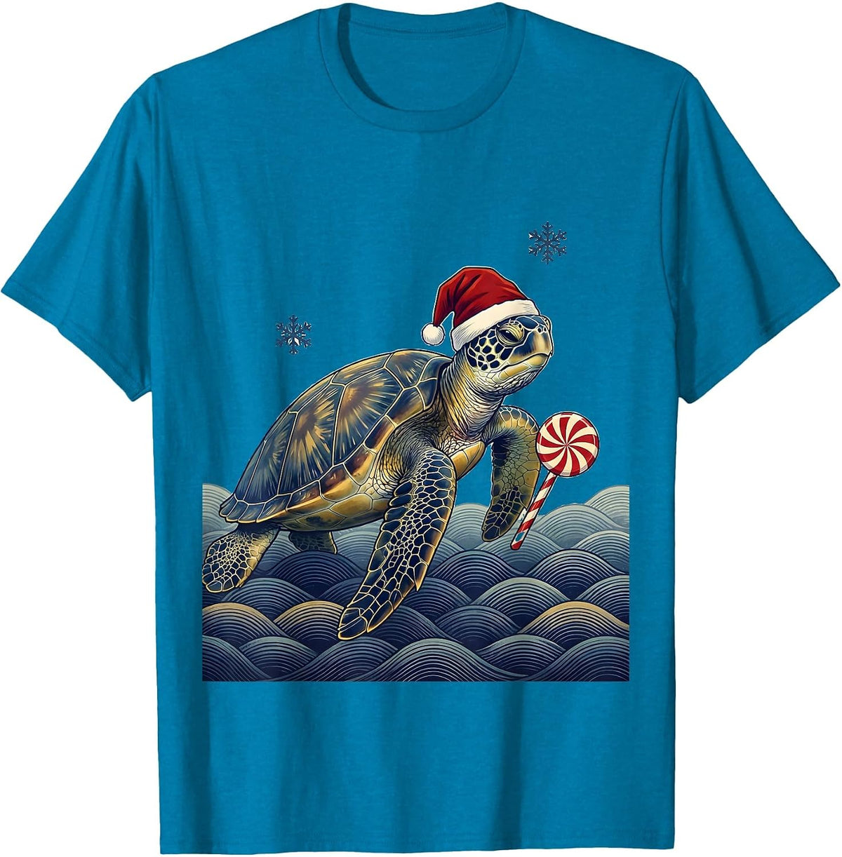 Sea Turtle Santa Hat Ukiyo-e Christmas Novelty T-Shirt - Sapphire Blue