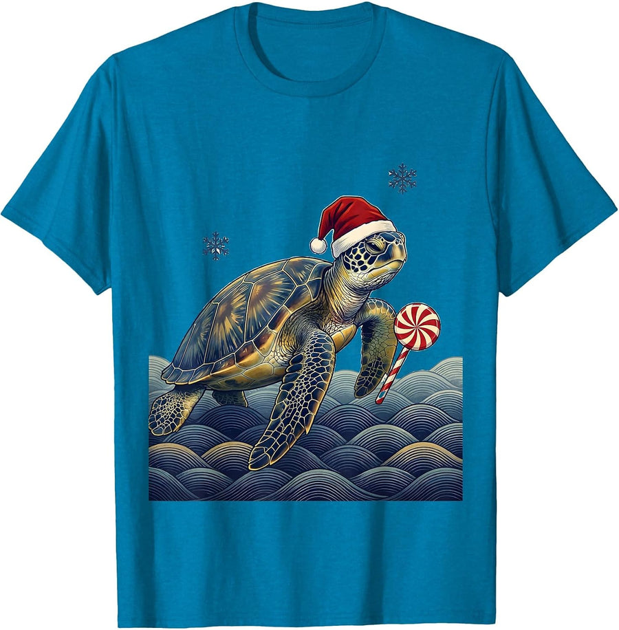 Sea Turtle Santa Hat Ukiyo-e Christmas Novelty T-Shirt - Sapphire Blue
