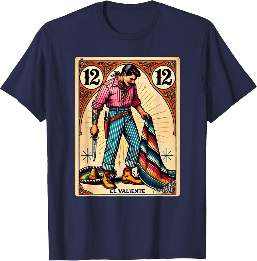 El Valiente Mexican Lottery Bingo Game The Brave Card T-Shirt - Navy Blue