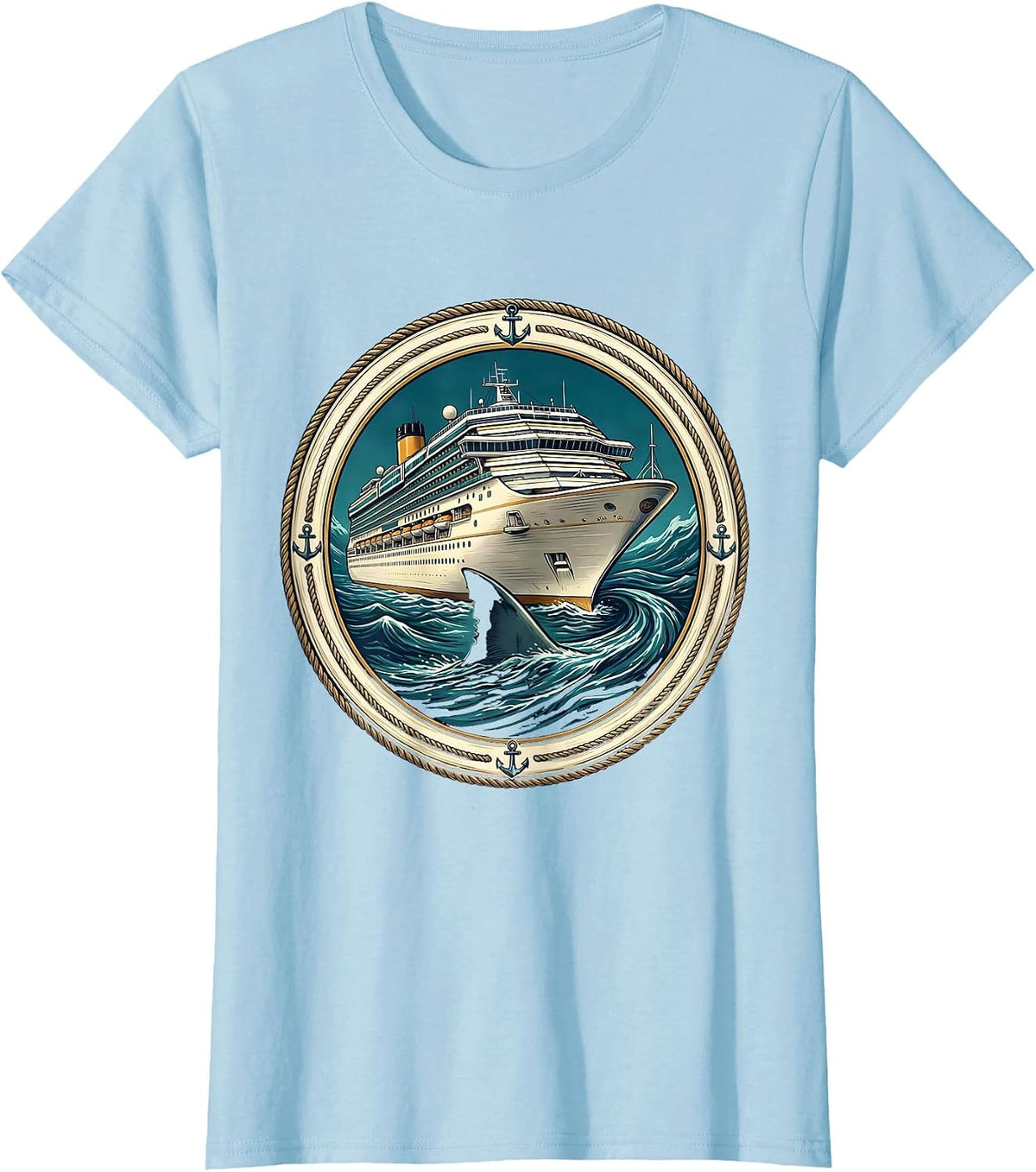Shark Fin Circling Cruise Ship Graphic T-Shirt - Baby Blue