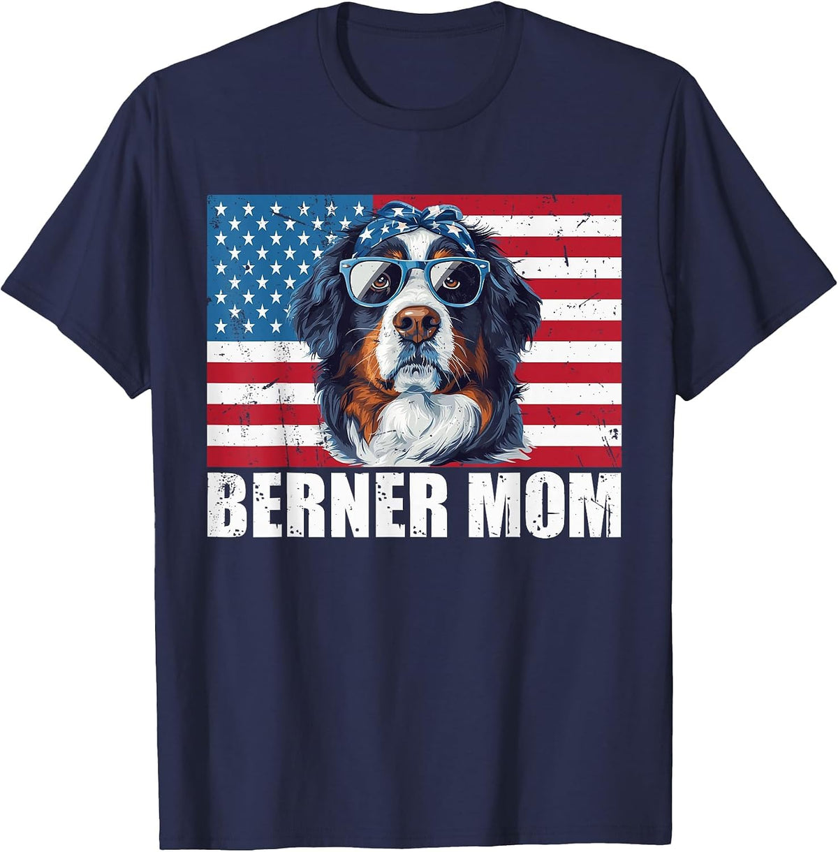 Berner Mom Bernese Mountain US Flag Dog Lover 4th of July T-Shirt - Navy Blue