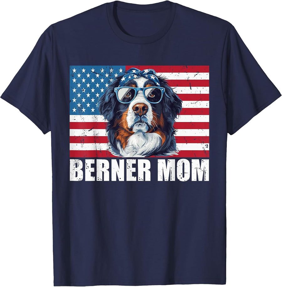 Berner Mom Bernese Mountain US Flag Dog Lover 4th of July T-Shirt - Navy Blue