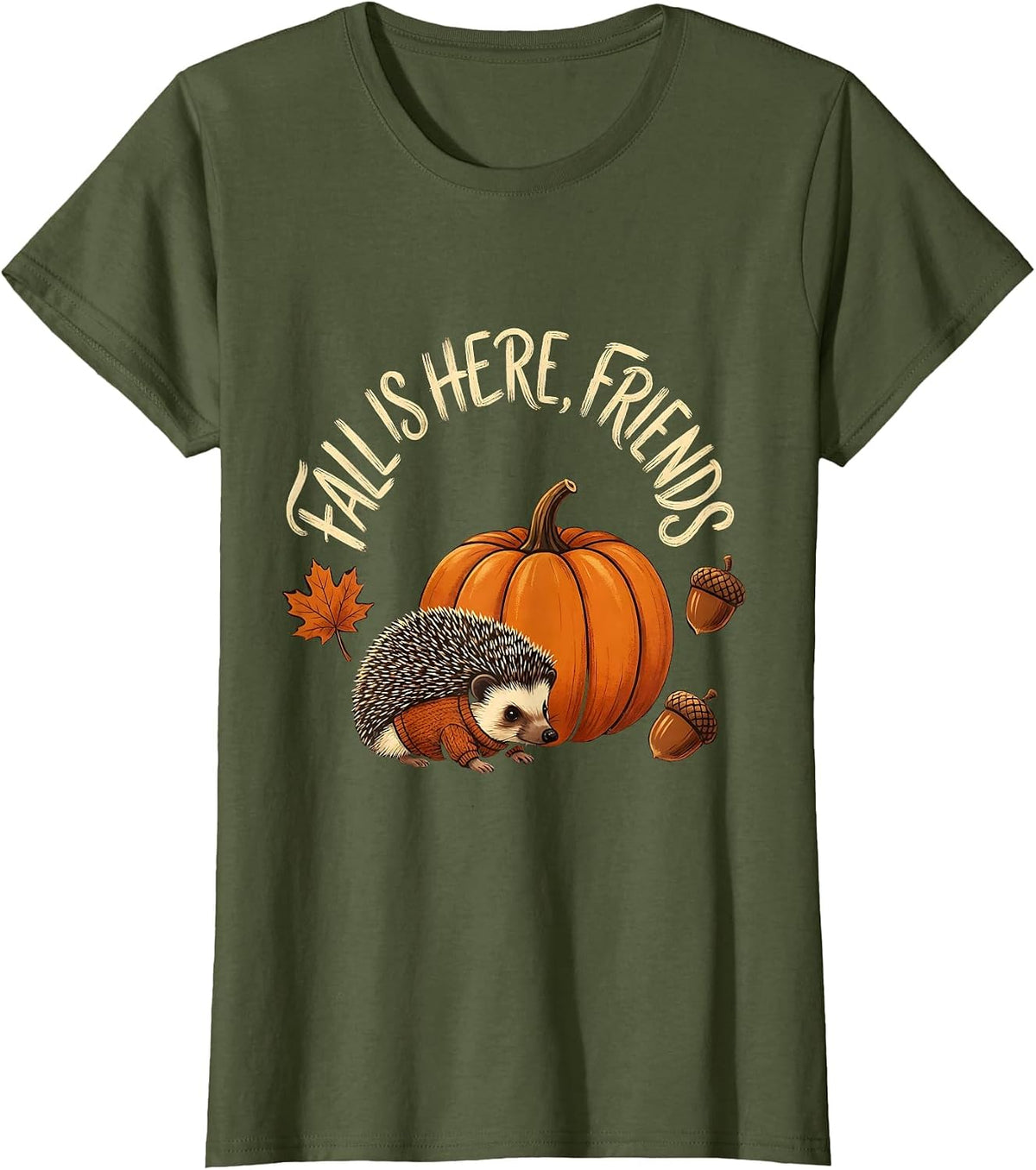 Women's Fall Is Here Friends Cozy Autumn Hedgehog Pumpkin Patch T-Shirt - Olive Green