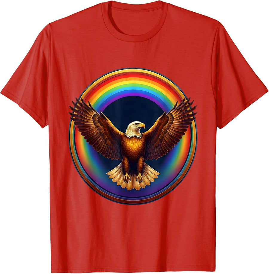 Men's Eagle Soaring Through Rainbow Arc Graphic T-Shirt - Red