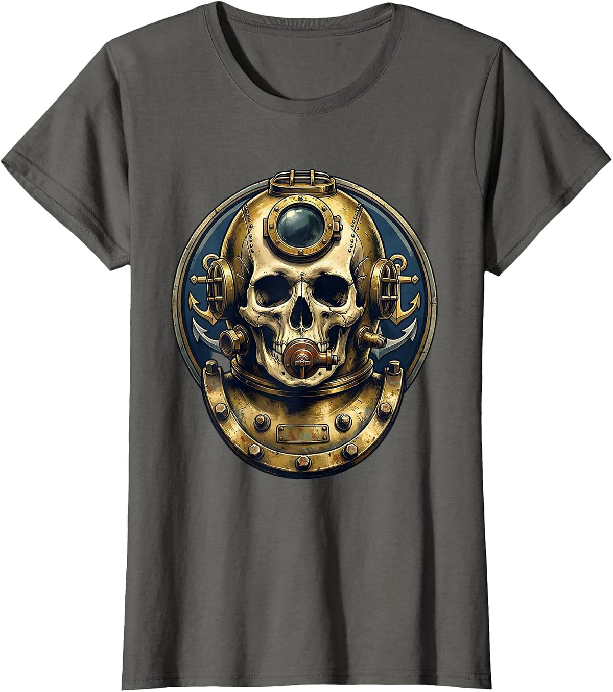 Women's Skull Diving Helmet Fusion Dark Art Design T-Shirt - Asphalt Grey