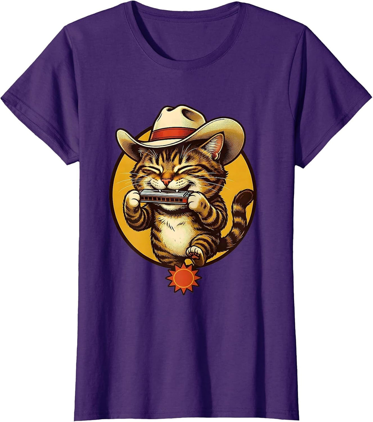 Women's Meowboys Tabby Cat Harmonica Cattleman Hat T-Shirt - Purple