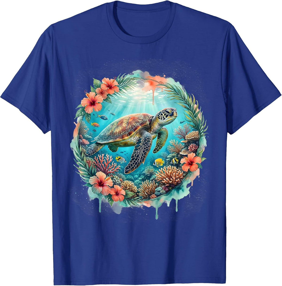 Men's Sea Turtle Coral Reef Hawaiian Ocean Design T-Shirt - Royal Blue