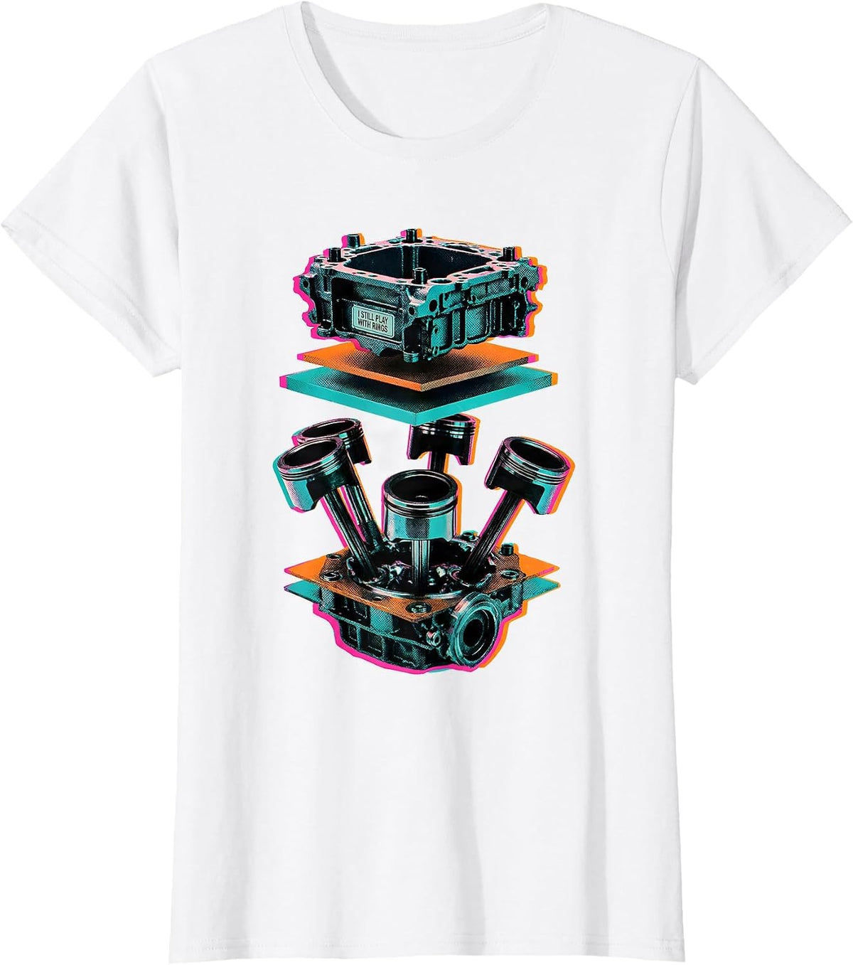 Women's I Still Play With Rings Risograph Mechanic Engine Block T-Shirt - White