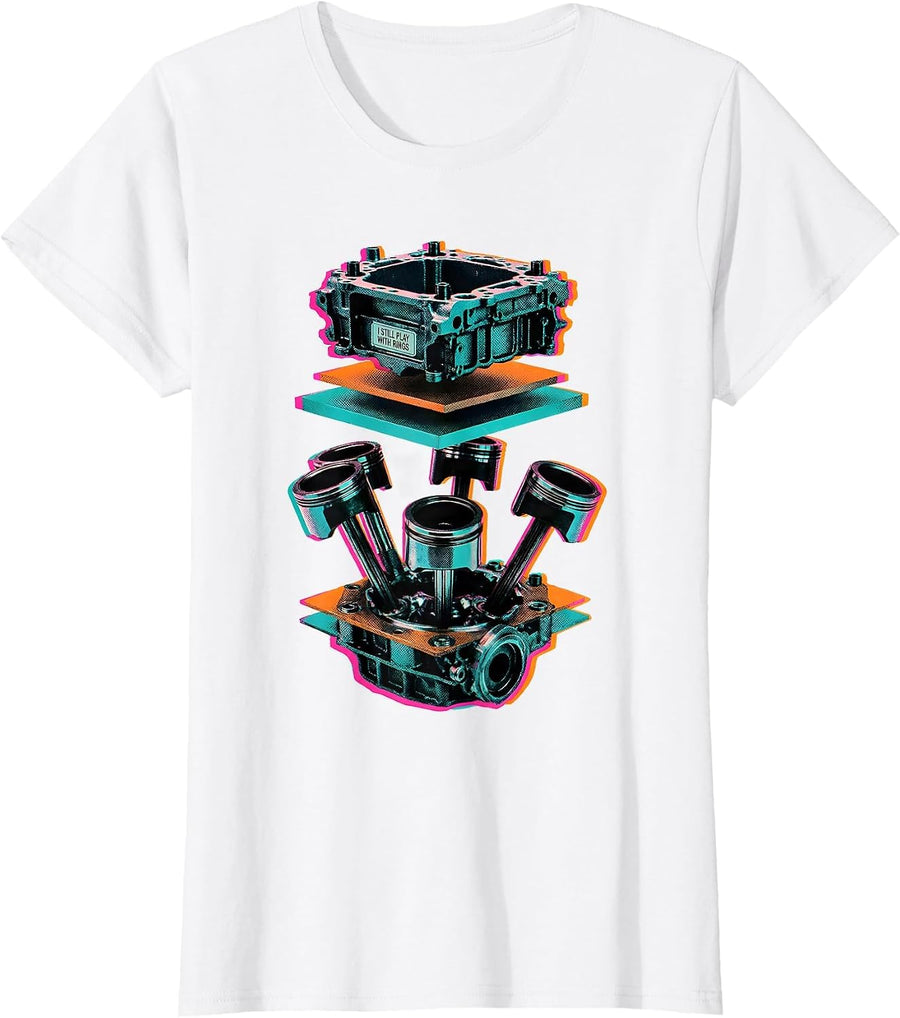 Women's I Still Play With Rings Risograph Mechanic Engine Block T-Shirt - White