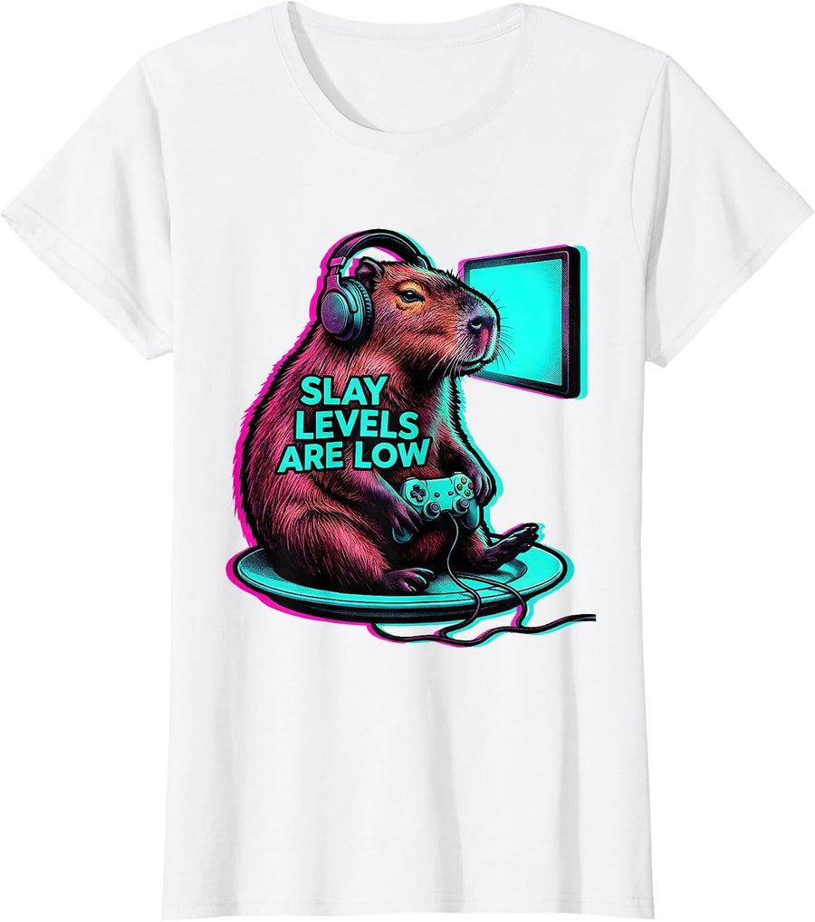 Women's Slay Levels Are Low Funny Capybara Gamer Bruh Meme Humor T-Shirt - White