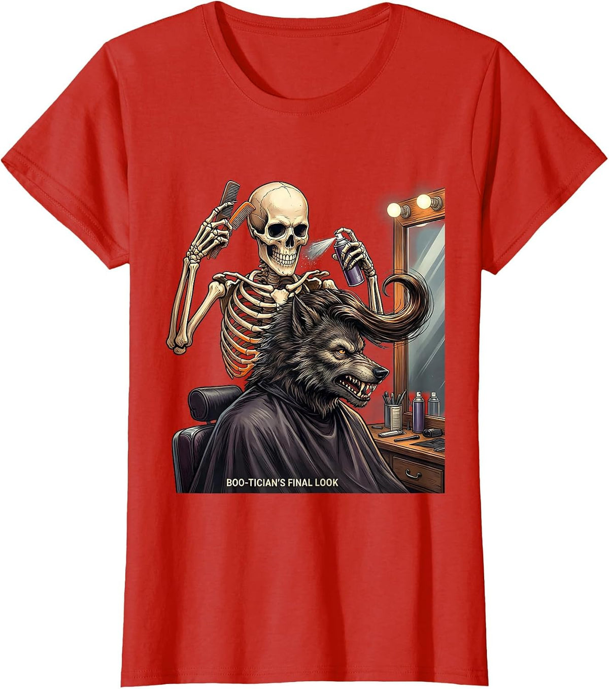 Boo-tician's Final Look Funny Skeleton Hairdresser Halloween T-Shirt - Red