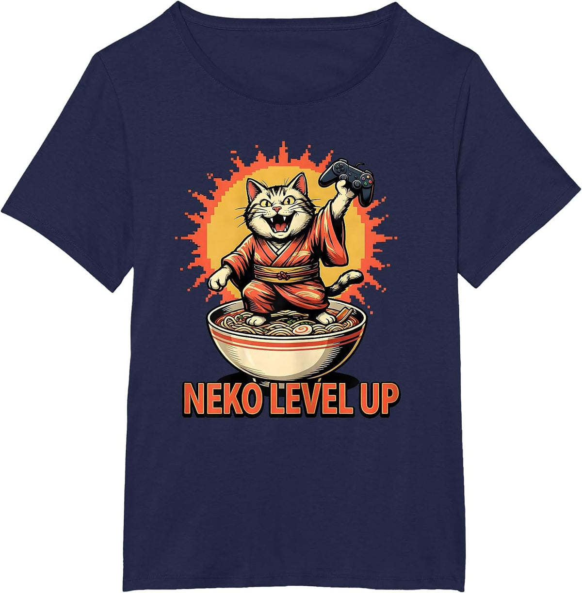 Women's Neko Level Up Cartoon Anime Cat Gaming Ramen Humor T-Shirt - Navy Blue