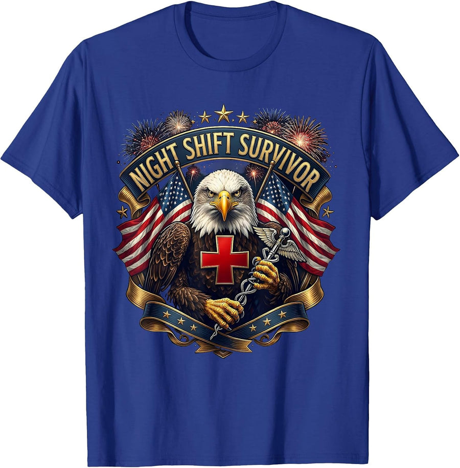 Night Shift Survivor Nurse Graphic Design T-Shirt - Royal Blue