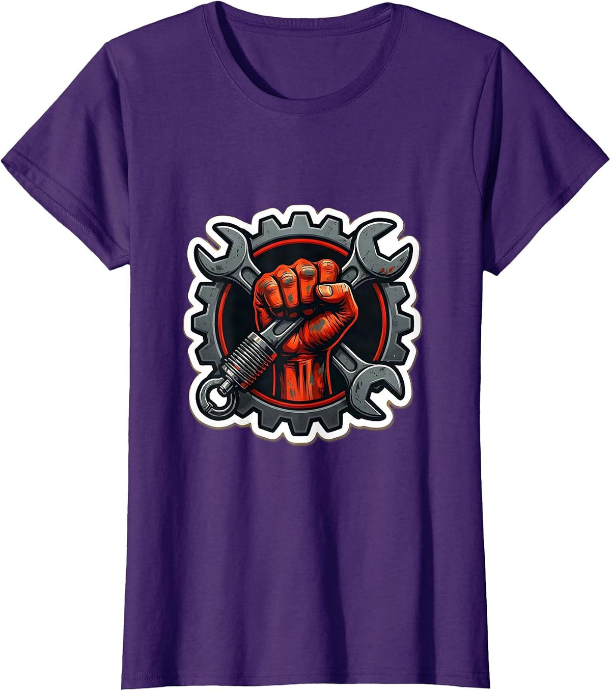 Women's Mechanic Wrench and Spark Plug Graphic Tee T-Shirt - Purple