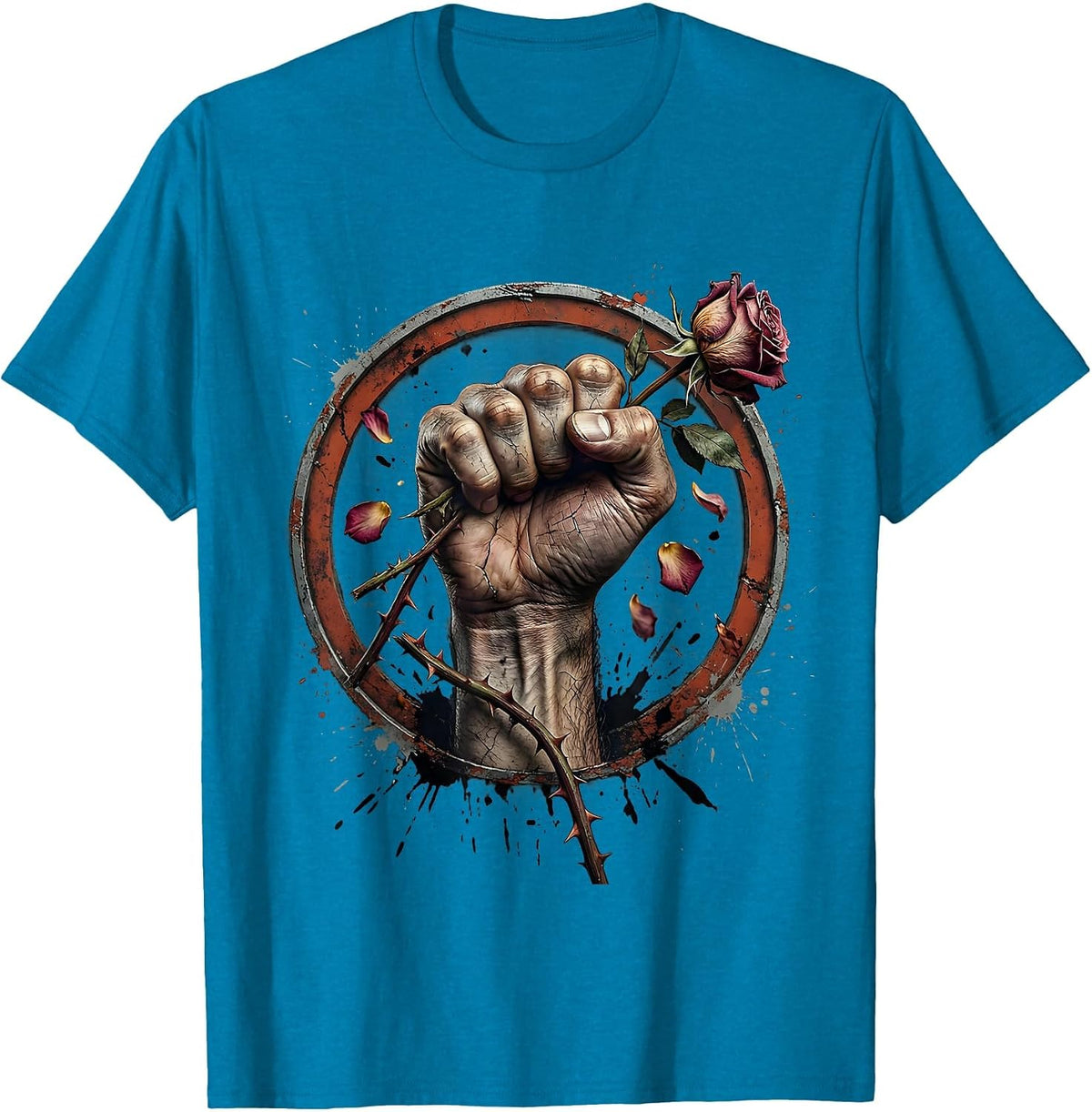 Angry Fist Crushing Rose Graphic Design T-Shirt - Sapphire Blue