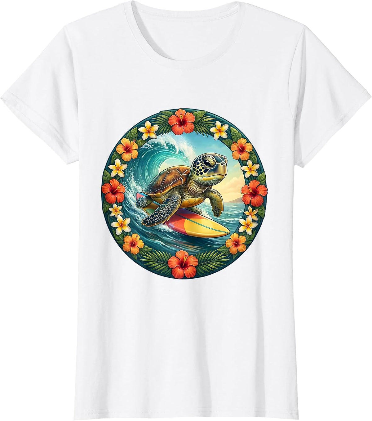 Women's Baby Sea Turtle Surfing Kids Hawaiian Design T-Shirt - White