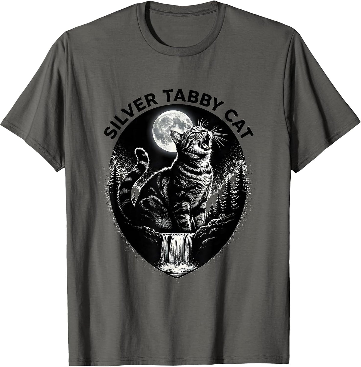Men's Silver Tabby Cat Howling at Moon 90's Retro T-Shirt - Asphalt Grey