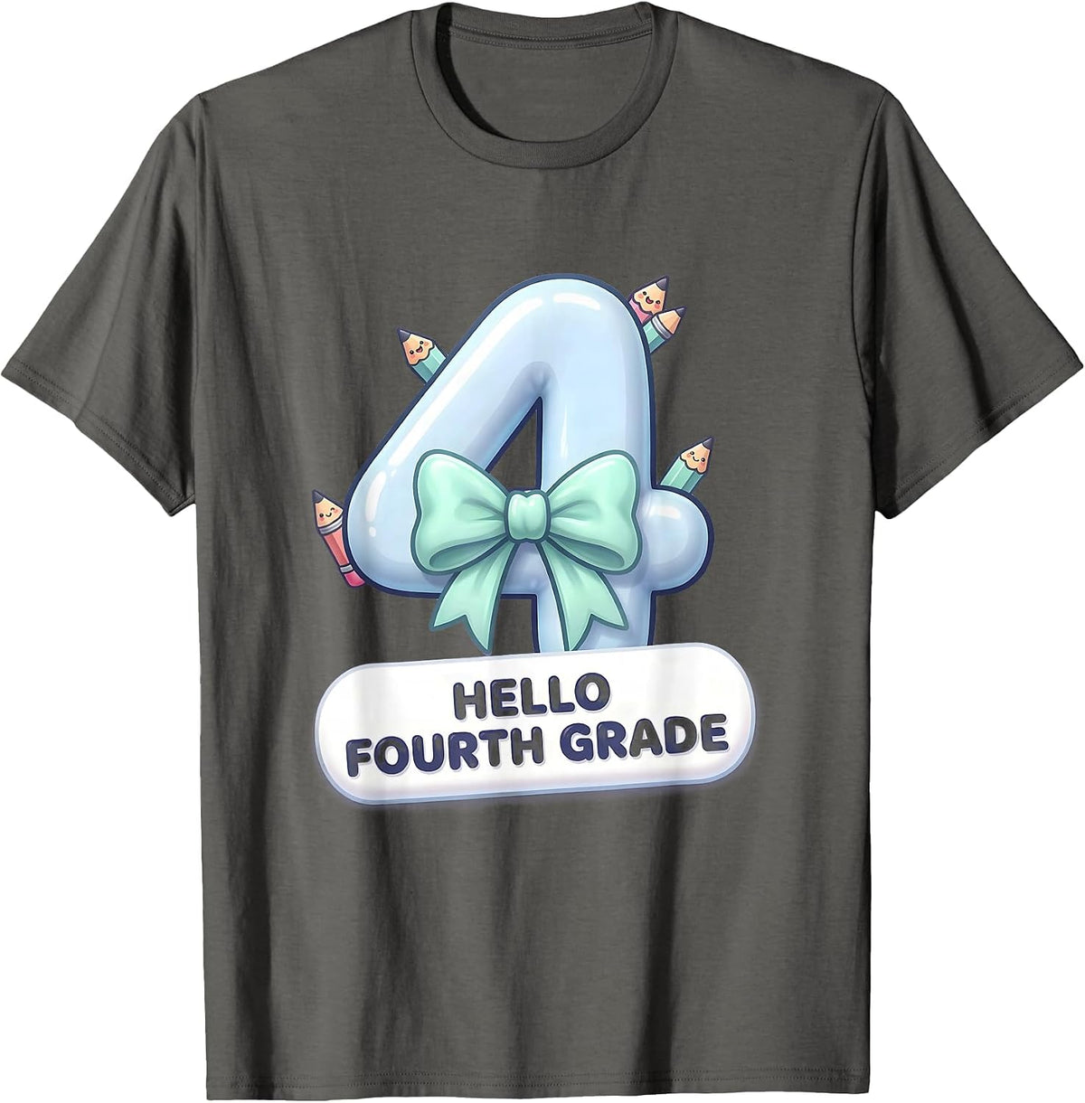 Men's Hello Fourth Grade Cute Kawaii Coquette Bow Back to School T-Shirt - Asphalt Grey