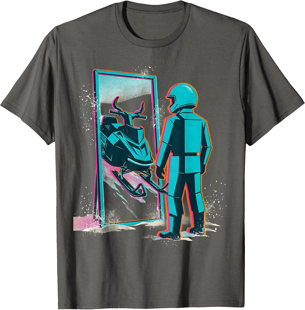 Helmeted Rider Snowmobile Mirror Reflection Humor T-Shirt - Asphalt Grey