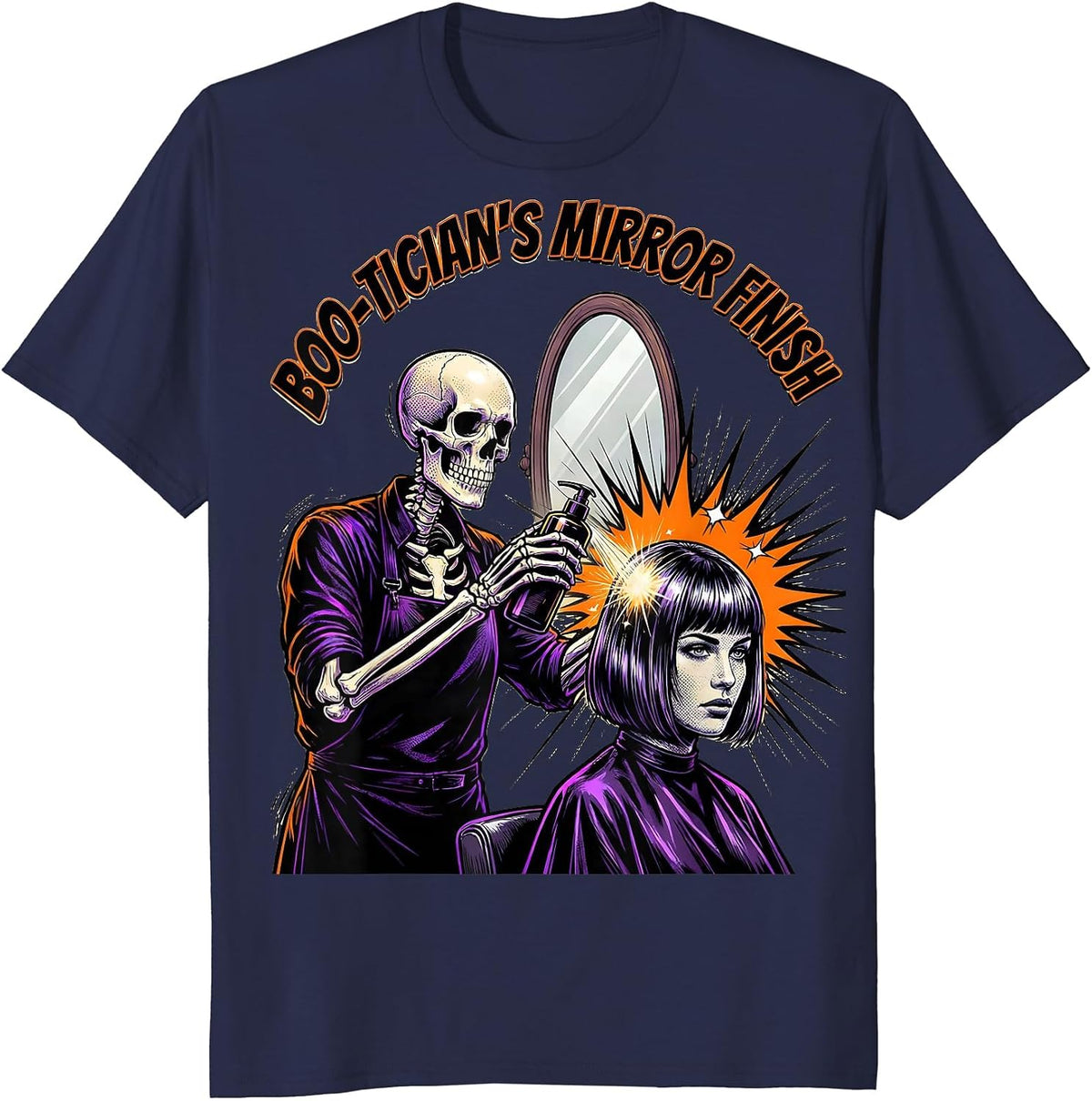 Boo-tician's Mirror Finish Comic Book Skeleton Hairdresser T-Shirt - Navy Blue