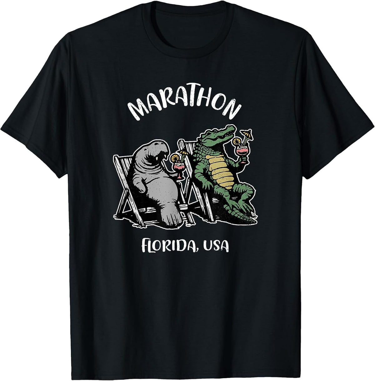Marathon Florida USA Funny Manatee and Alligator Design T-Shirt - Black