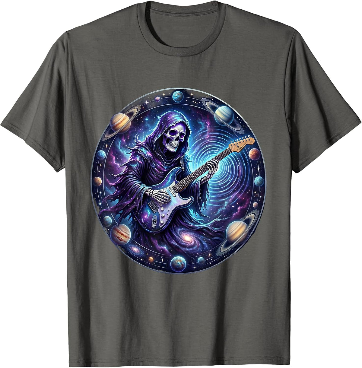 Men's Grim Reaper Electric Guitar Rock Halloween T-Shirt - Asphalt Grey