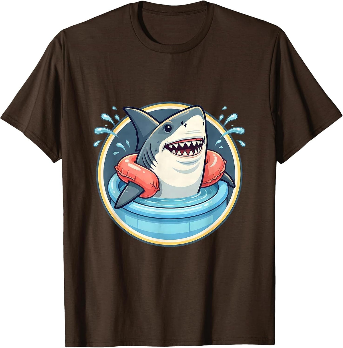 Men's Shark In Floaties Kiddie Pool Funny Illustration T-Shirt - Brown