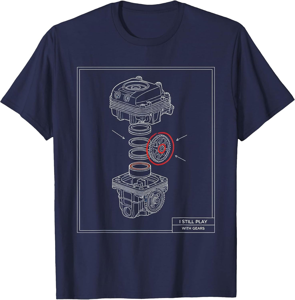 Men's I Still Play With Gears Technical Blueprint Mechanic Engine T-Shirt - Navy Blue