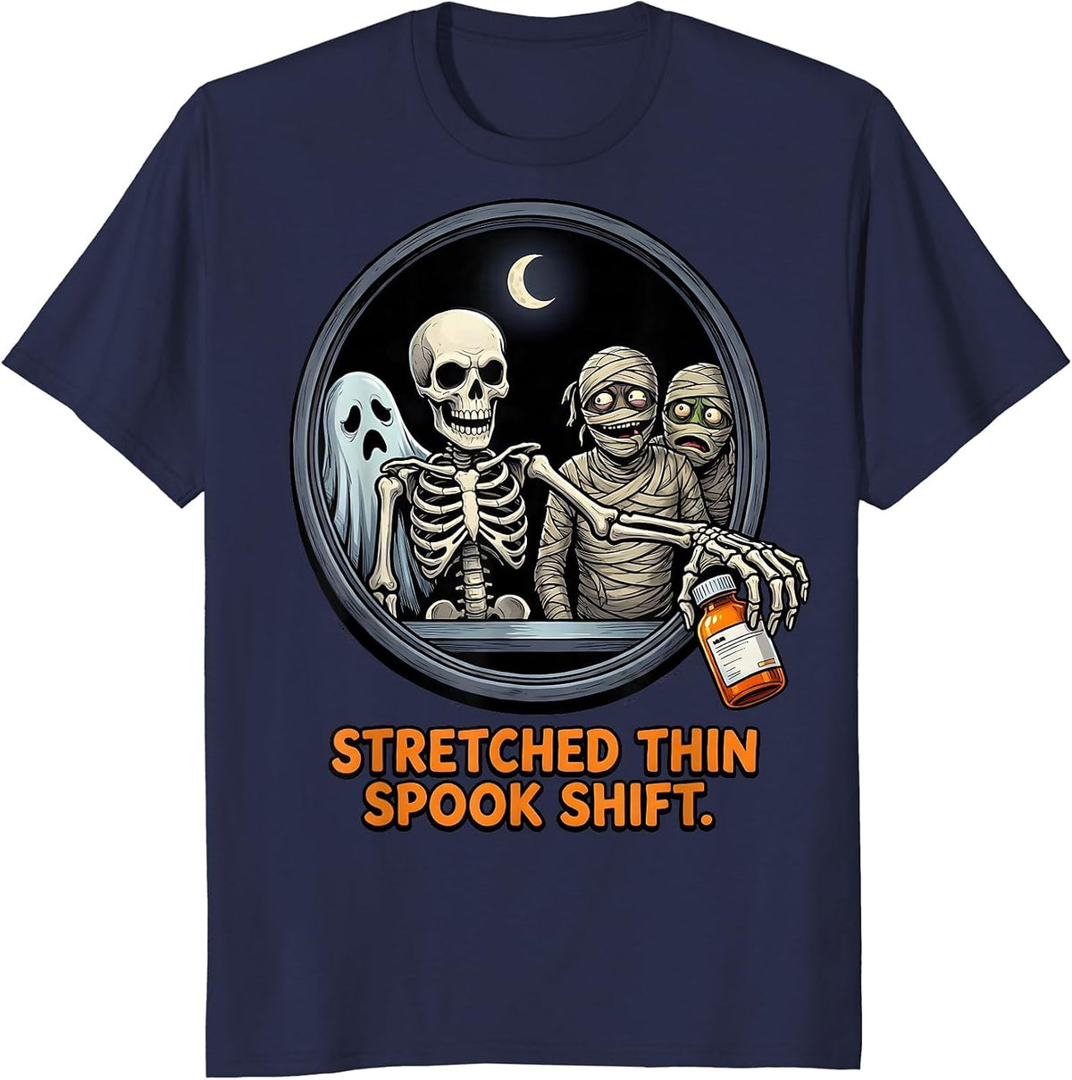 Men's Stretched Thin Spook Shift Funny Pharmacy Tech Halloween T-Shirt - Navy Blue