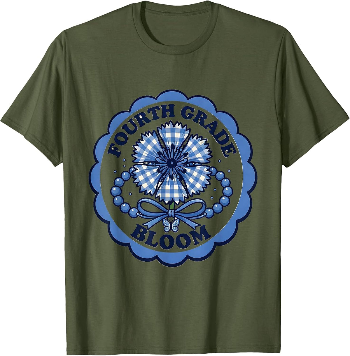 Fourth Grade Bloom Cute Gingham Back To School Friendship T-Shirt - Olive Green