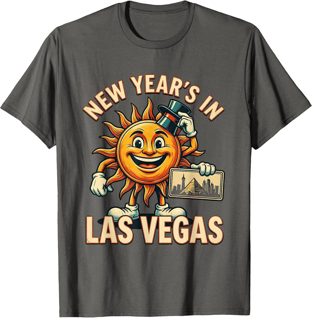 Men's New Year's In Las Vegas Retro Advertising Mascot Vacation T-Shirt - Asphalt Grey