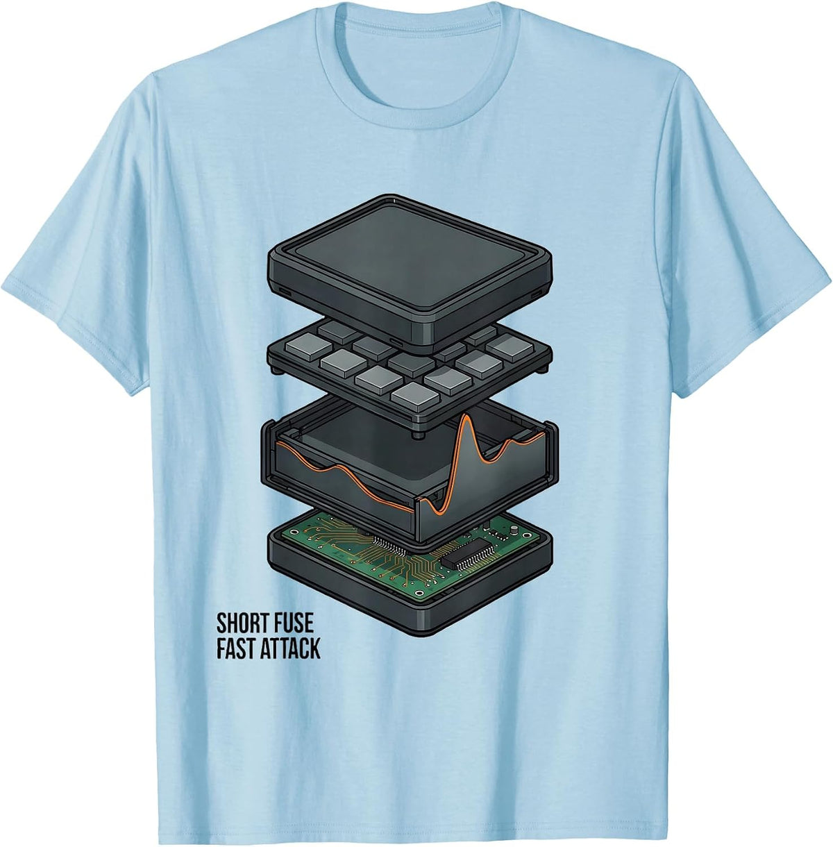 Men's Short Fuse, Fast Attack Exploded View Technical DJ Gift T-Shirt - Baby Blue