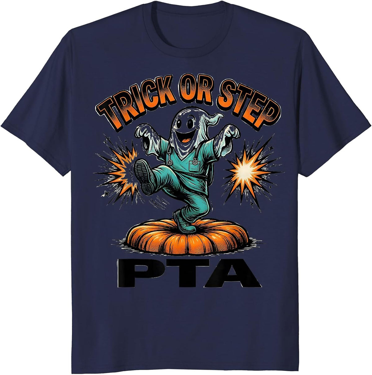 Men's Trick Or Step PTA Comic Ghost Physical Therapy Halloween T-Shirt - Navy Blue