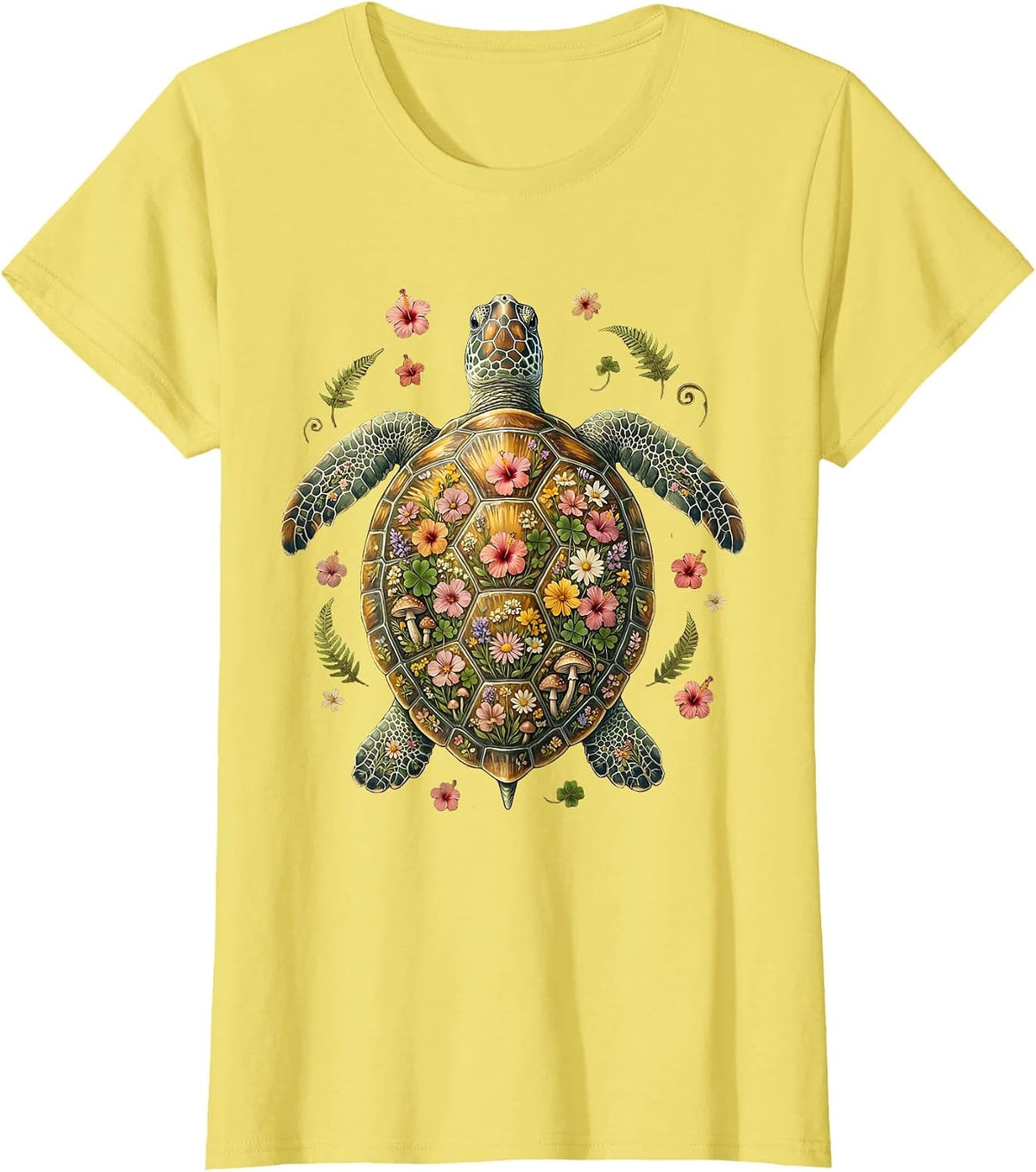 Women's Hawaiian Sea Turtle Floral Shell Graphic Tee T-Shirt - Lemon Yellow