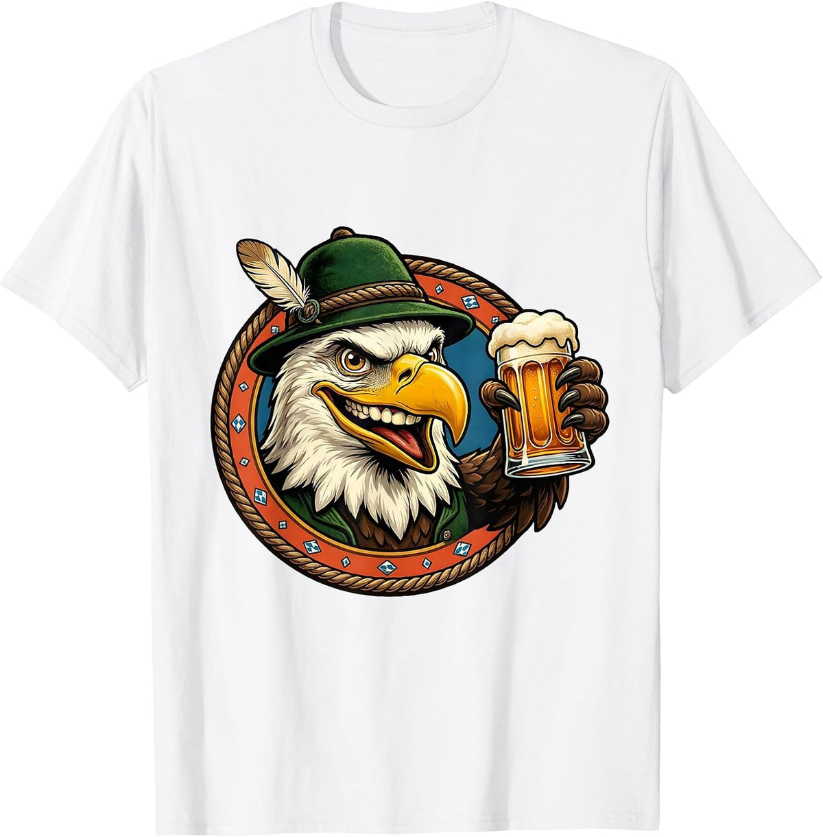 Men's Bald Eagle Bavarian Hat Beer Oktoberfest Graphic T-Shirt - White