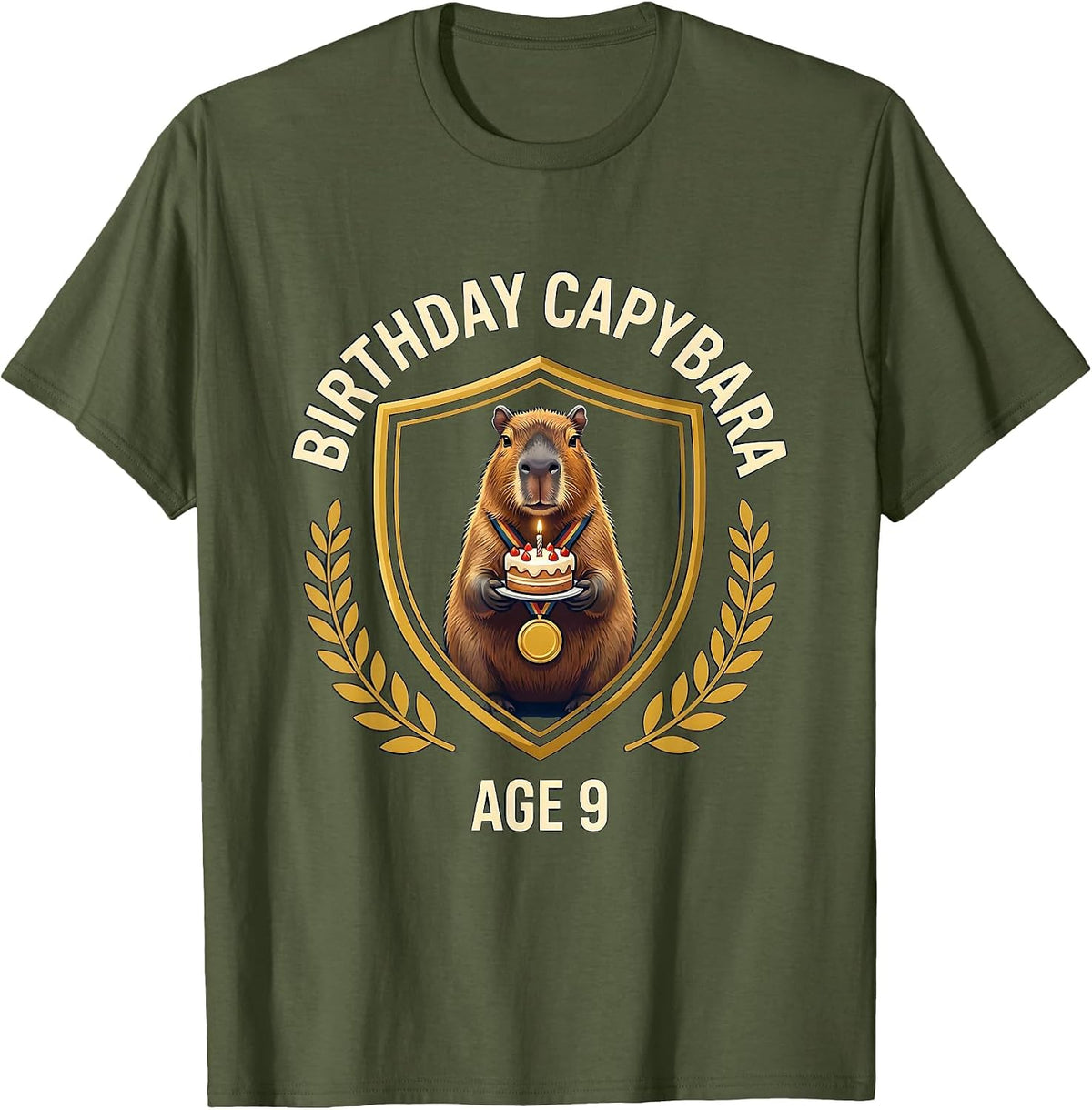 Birthday Capybara Age 9 Kawaii Cute Animal 9th Birthday T-Shirt - Olive Green