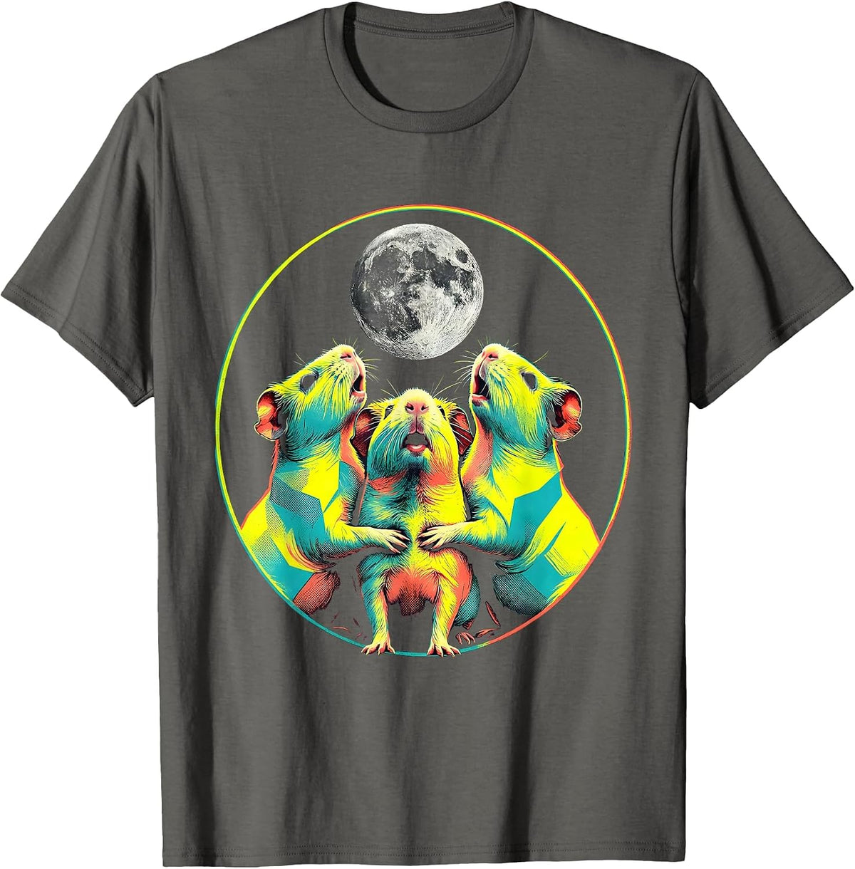 Three Hairless Guinea Pigs Howl At Moon Risograph Parody T-Shirt - Asphalt Grey