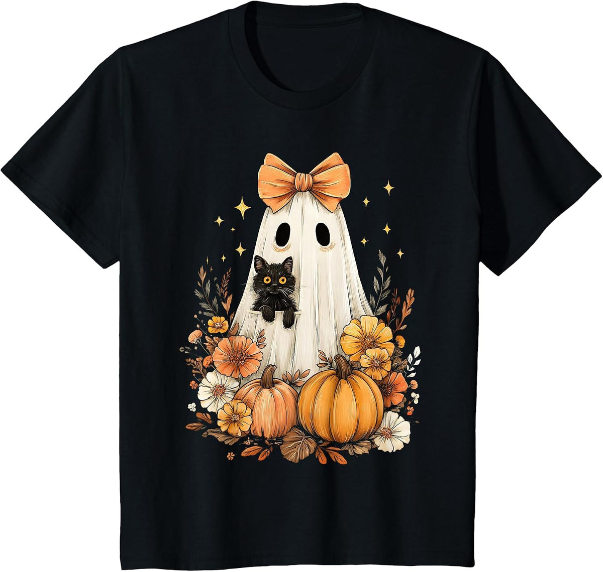 Halloween Vintage Cute Ghost Black Cat Pumpkins Floral T-Shirt - Black