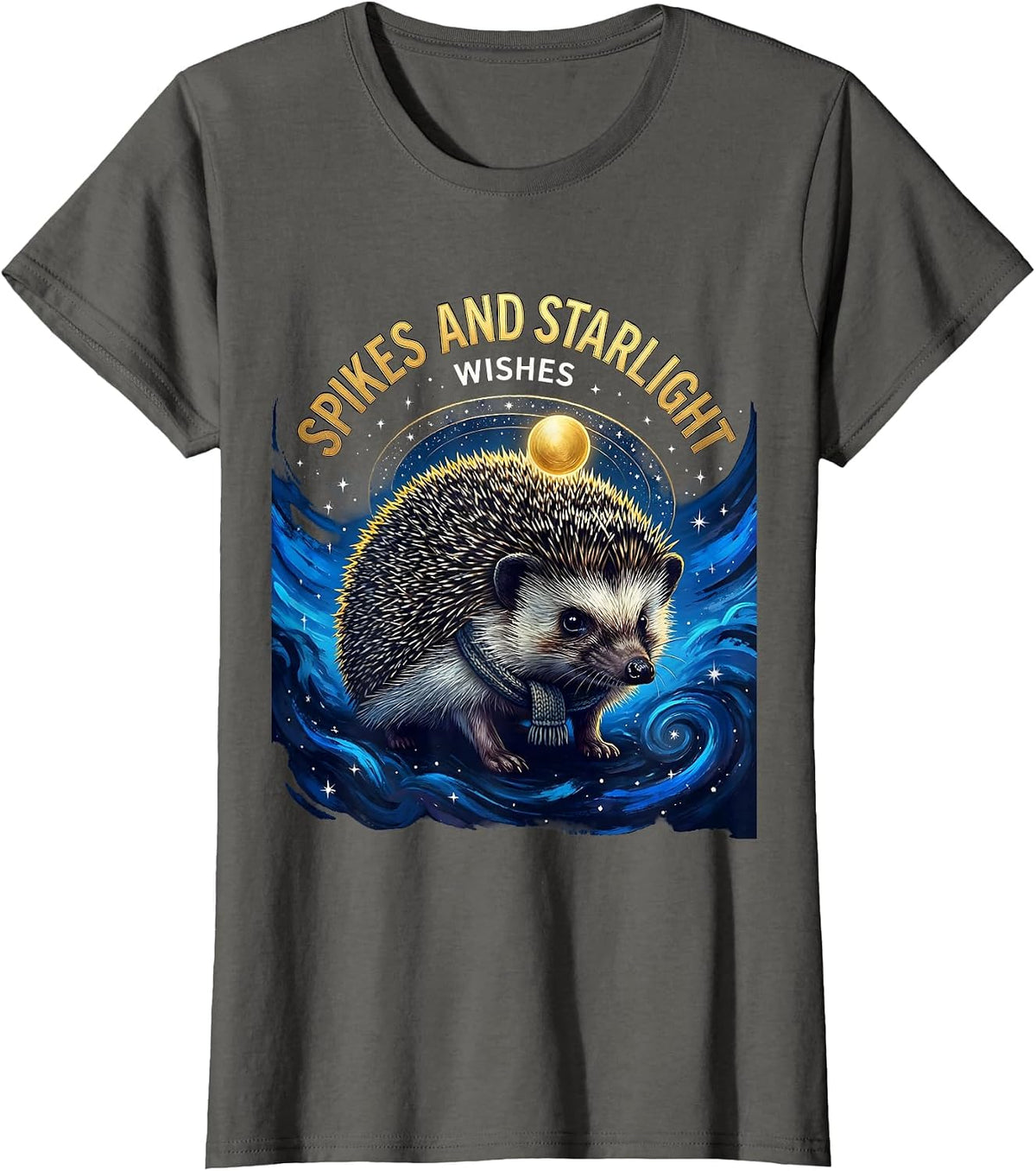 Women's Spikes And Starlight Wishes Cosmic Hedgehog Van Gogh Parody T-Shirt - Asphalt Grey